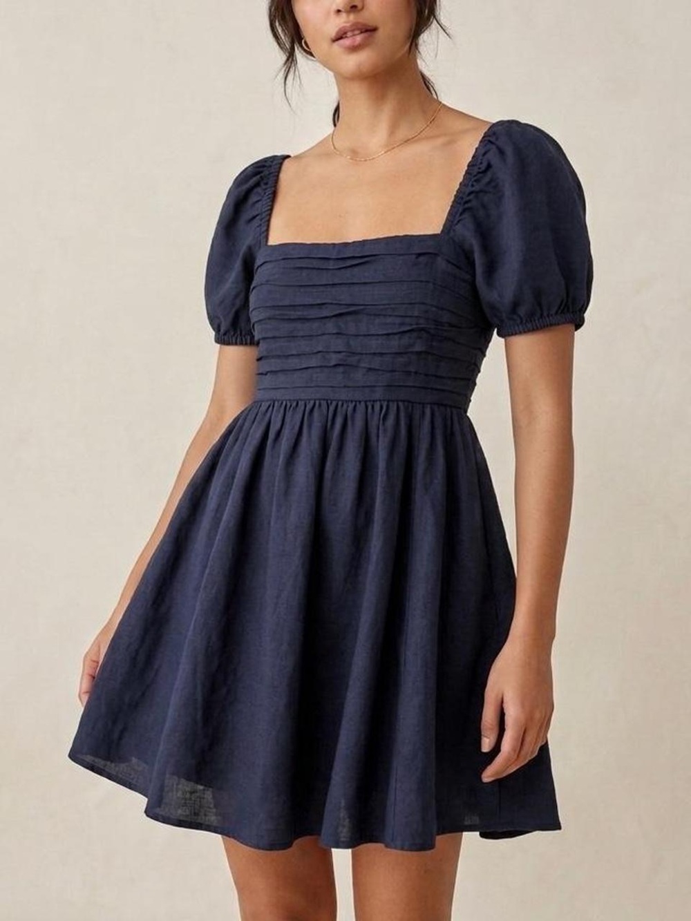 Abercrombie & Fitch Navy Square Neck Puff Sleeve Smocked Mini Dress L